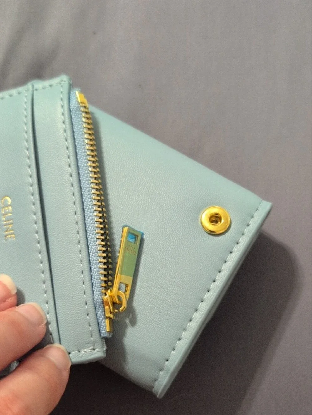 Small Leather Wallet in Pale Blue with Gold accents